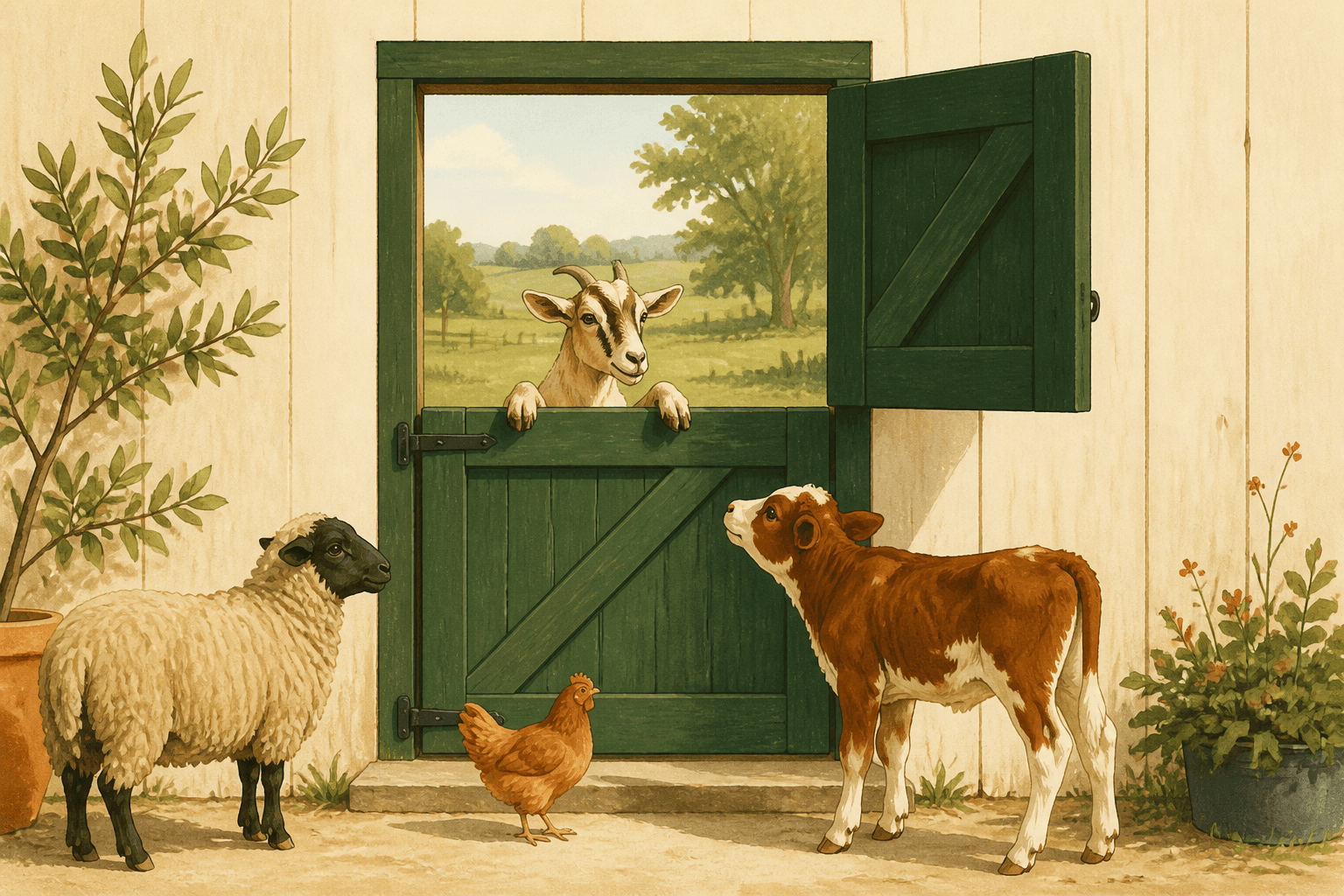 A split Dutch door with a goat looking over the closed lower half while a sheep, calf, and chicken gather outside.